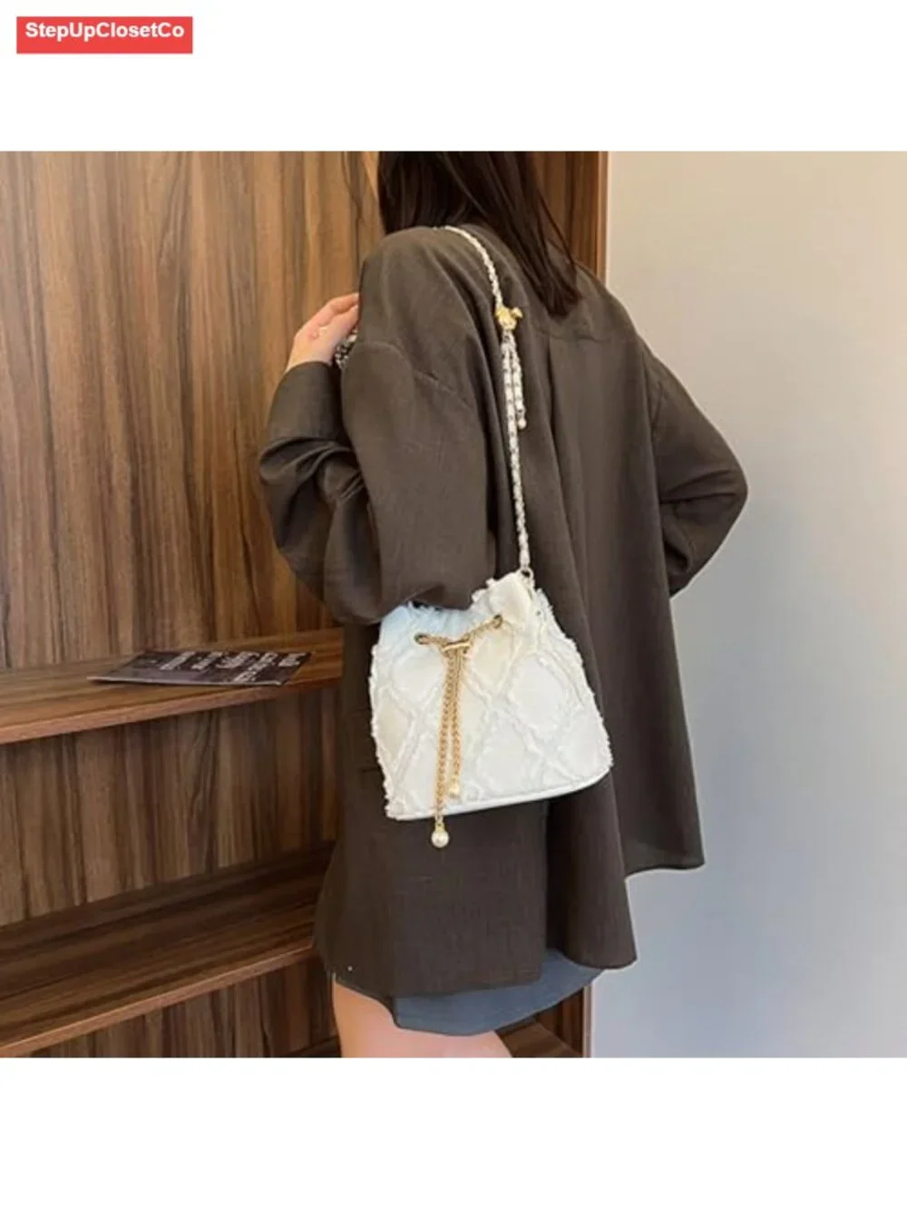 Denim Bucket Bag Quilted Drawstring Crossbody Hobo Handbag